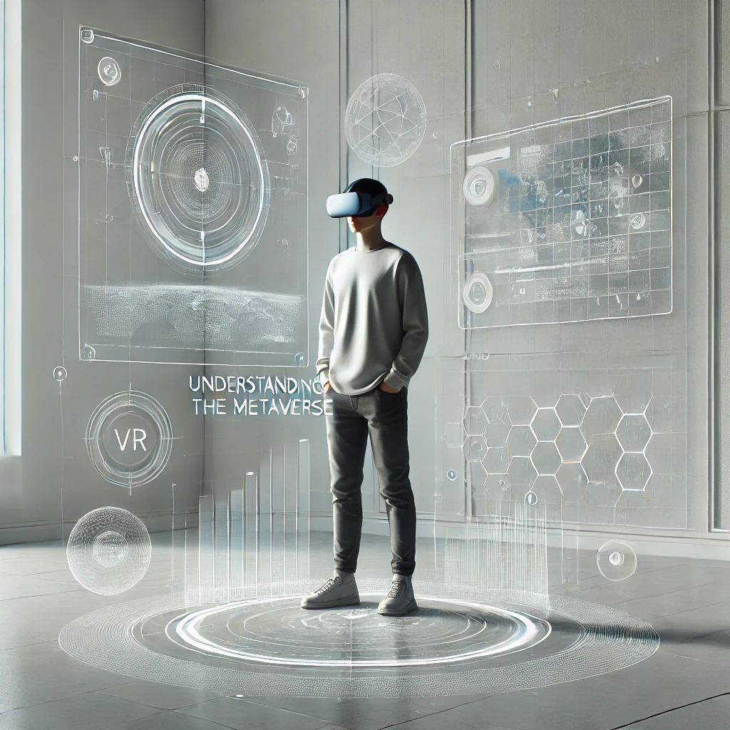 DALL·E 2025-01-26 14.57.55 - A minimalist and realistic representation of the metaverse concept. A person wearing a sleek VR headset is standing in a modern, well-lit room with su
